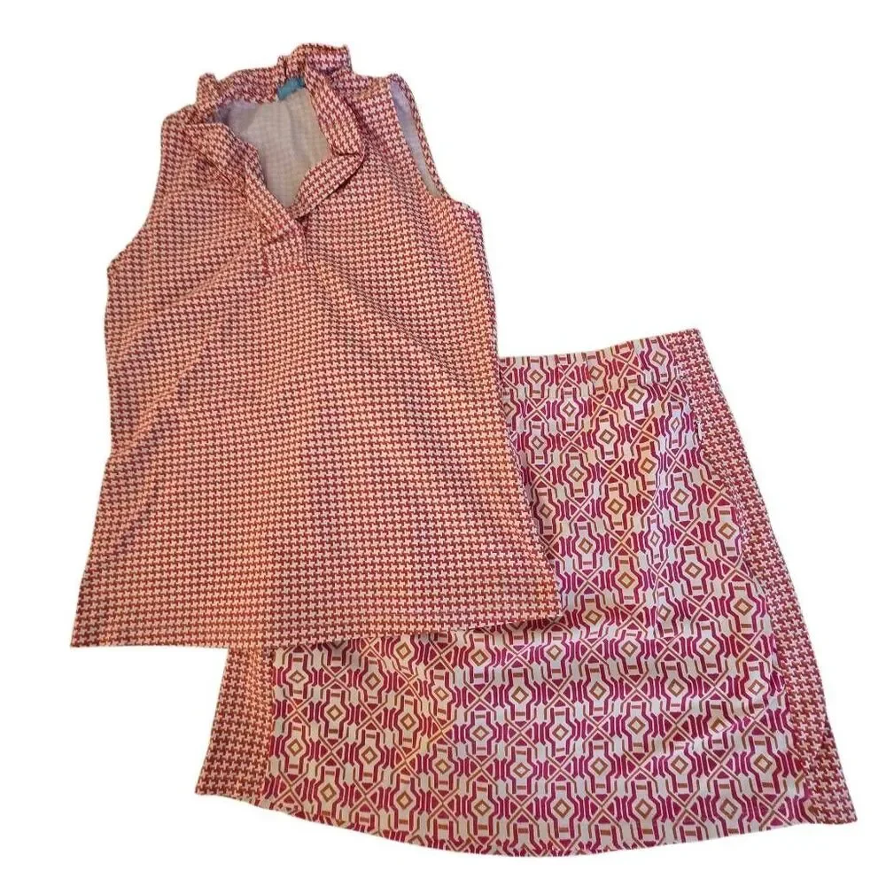 J. McLaughlin Womens 2-Piece Golf Ruffle Top and Skort Set Pink White Sz Small